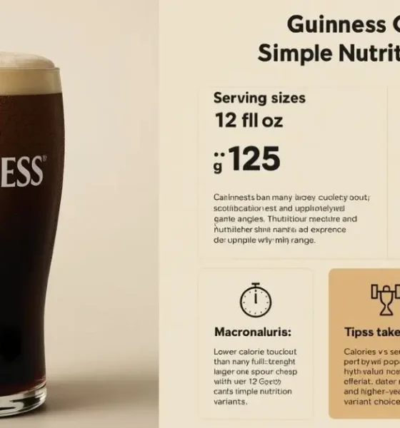 A sleek graphic highlights Guinness Calories and simple nutrition facts, featuring an iconic pint of dark stout alongside sections detailing serving sizes and other intriguing, though partially obscured, nutritional takeaways.