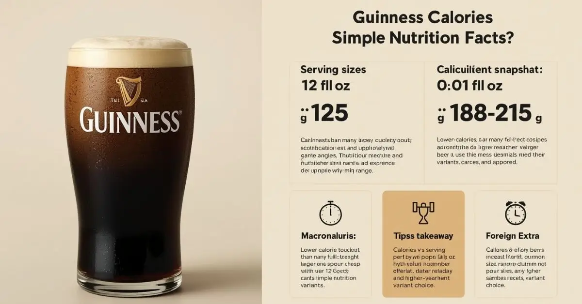 A sleek graphic highlights Guinness Calories and simple nutrition facts, featuring an iconic pint of dark stout alongside sections detailing serving sizes and other intriguing, though partially obscured, nutritional takeaways.