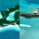 Aerial split view of Johnny Depp Island (Little Hall's Pond Cay, Bahamas) showcasing its undeveloped natural beauty and a developed section with buildings and a boat.