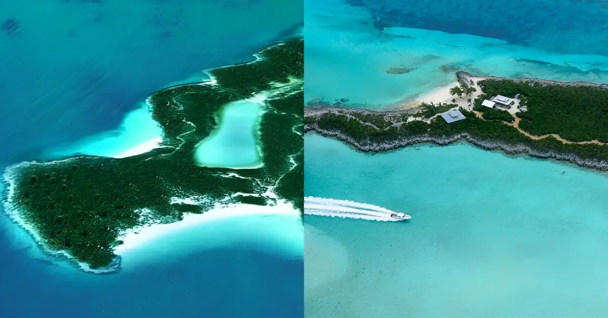 Aerial split view of Johnny Depp Island (Little Hall's Pond Cay, Bahamas) showcasing its undeveloped natural beauty and a developed section with buildings and a boat.